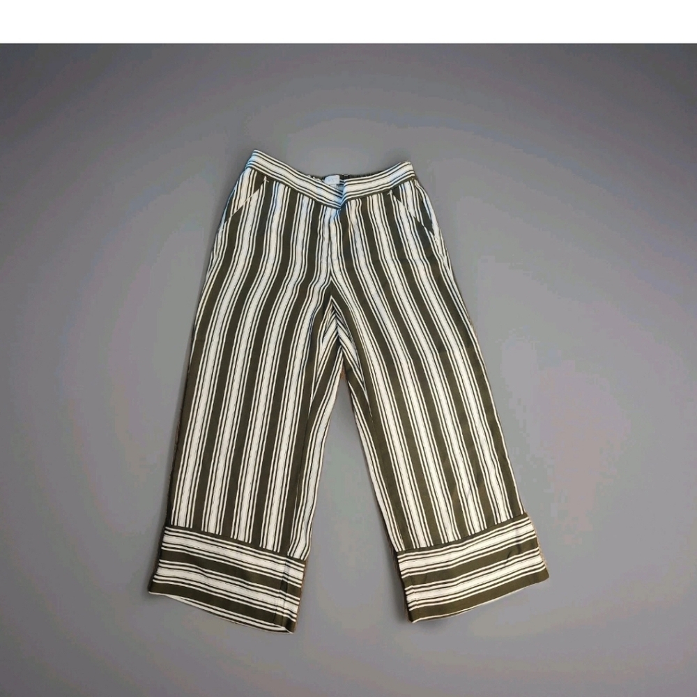 Womens Size Medium Loft Striped Wide-Leg Pants, Inseam 24 Inches, Army Green